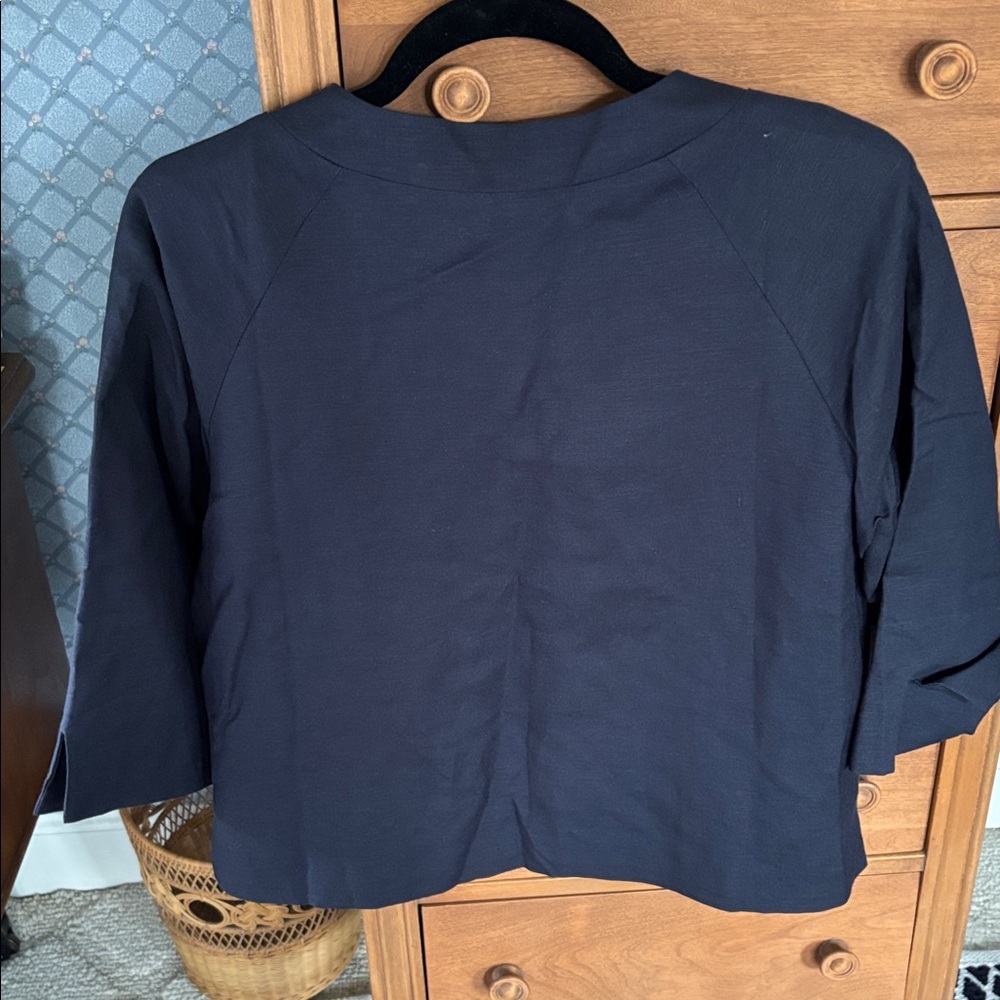 Navy Button-Front 3/4 Sleeve linen blend lined jacket. - Picture 2 of 16